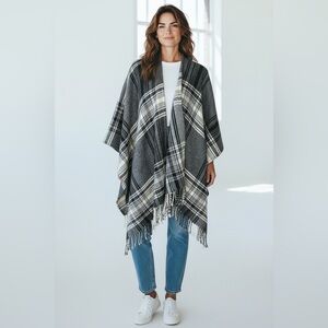 Talbots Plaid Ruana Poncho One Size Gray Black Cream Fringe Wrap Shawl